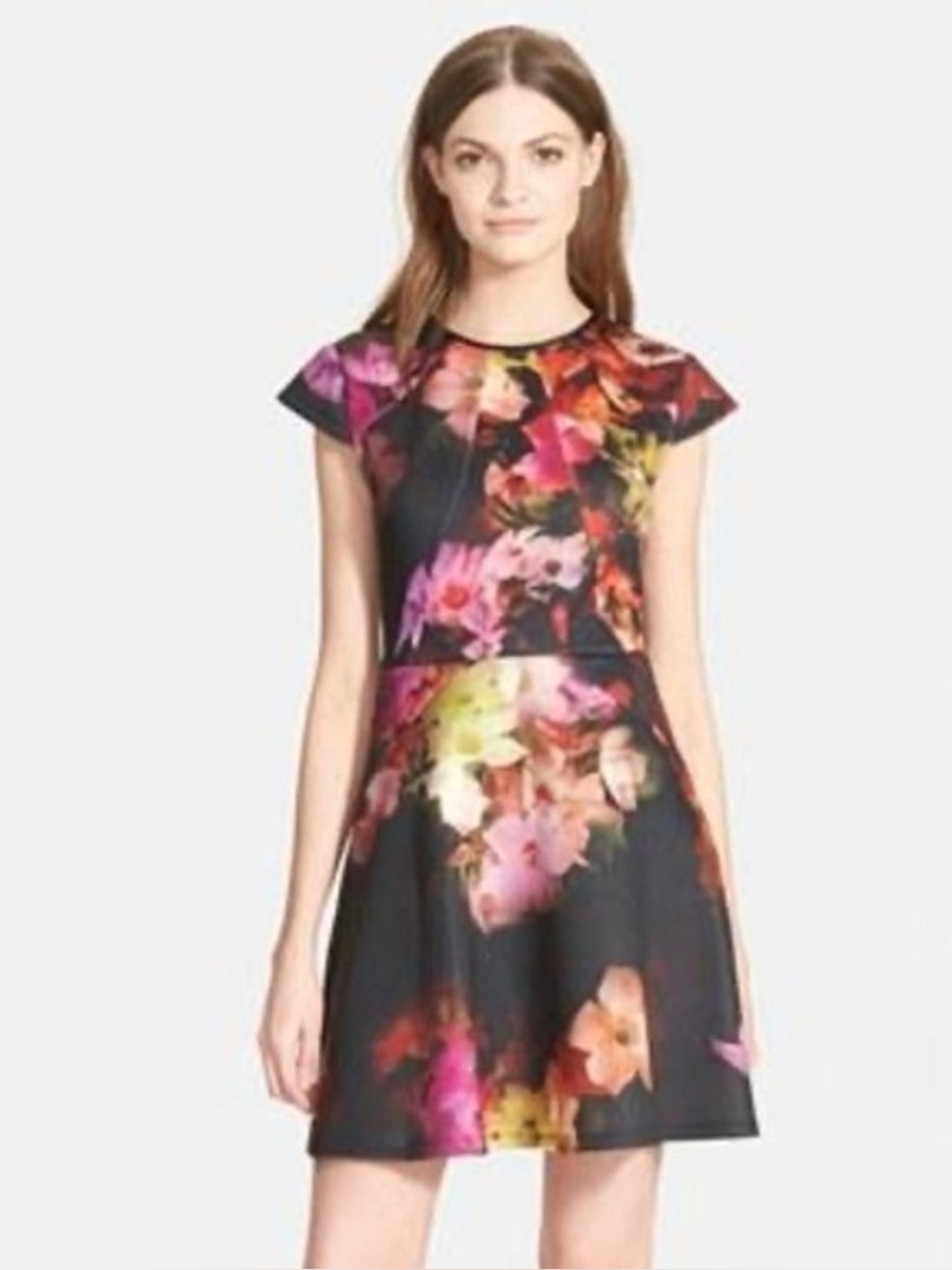 Ted Baker Floral Print Cap-Sleeve Dress - Black & Pink